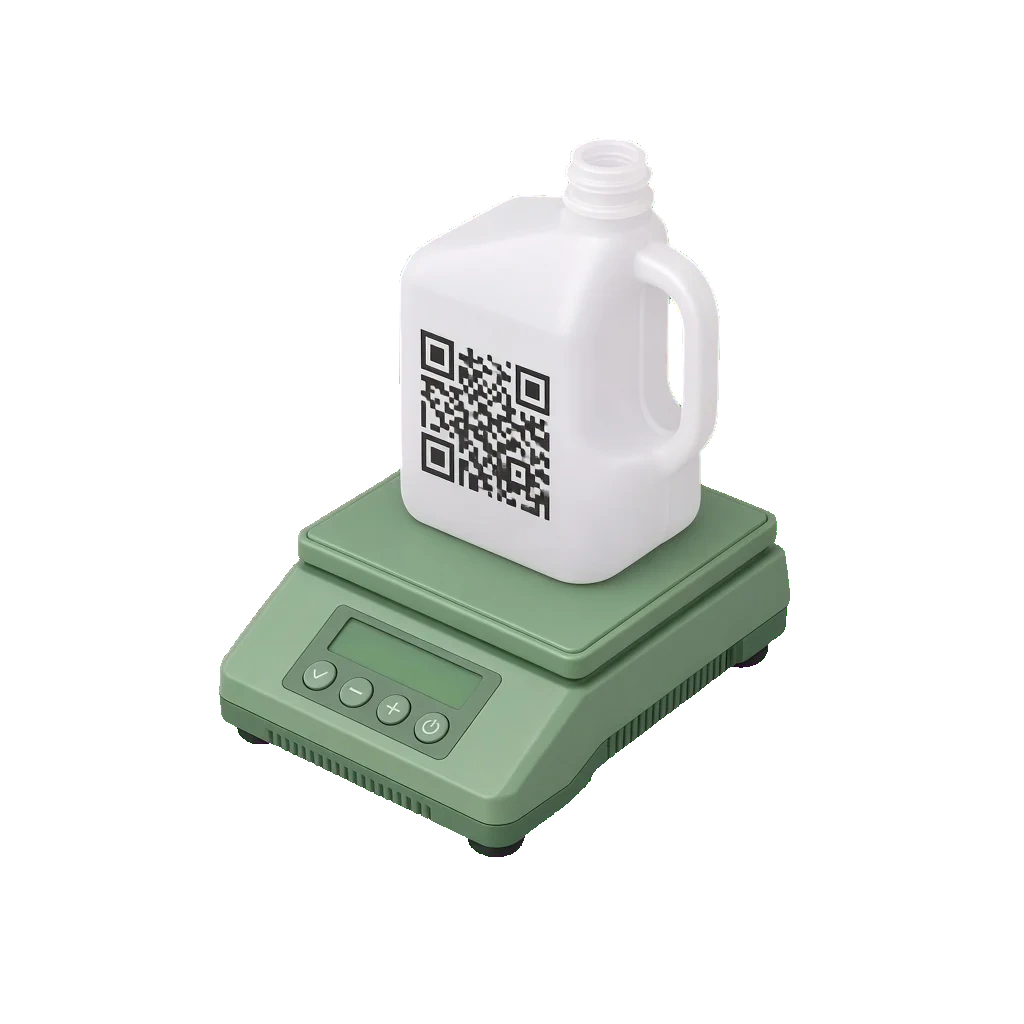 Envase sobre la balanza con código QR, ilustración